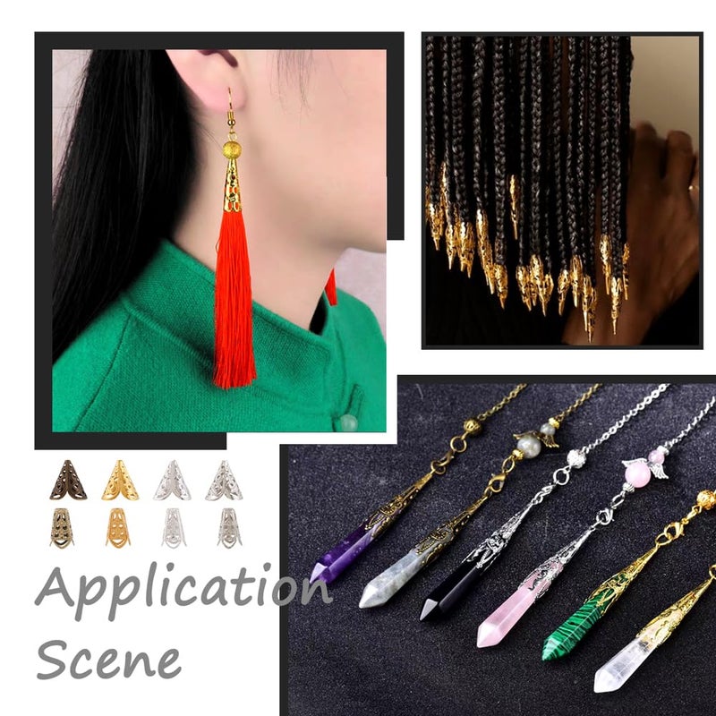 EEE ELECRELIVE Elecrelive 450Pcs Long Flower Bead Caps Hollow Cones Filigree Bead End Cap 5 Styles Pendant Cover Spacer Filigree Metal Embellishments for Tassel Jewelry Craft Bracelet Necklace DIY Making - Image 4